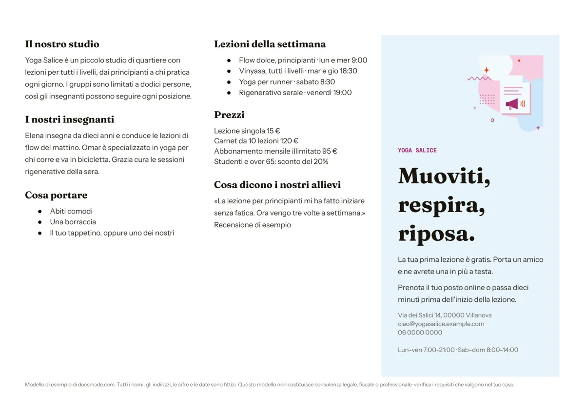 Modello di brochure in Google Docs, prima pagina