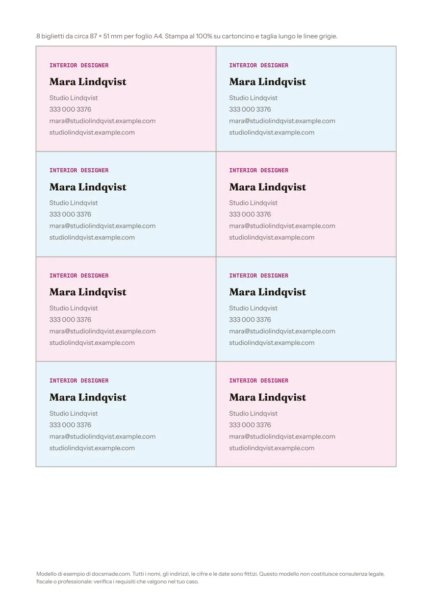 Modello di biglietti da visita in Google Docs, otto biglietti rosa e azzurri su un foglio A4