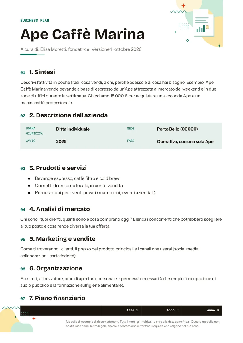 Modello di business plan in Google Docs, prima pagina