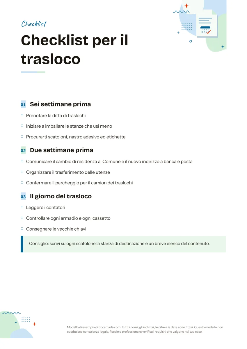 Modello di checklist in Google Docs, prima pagina