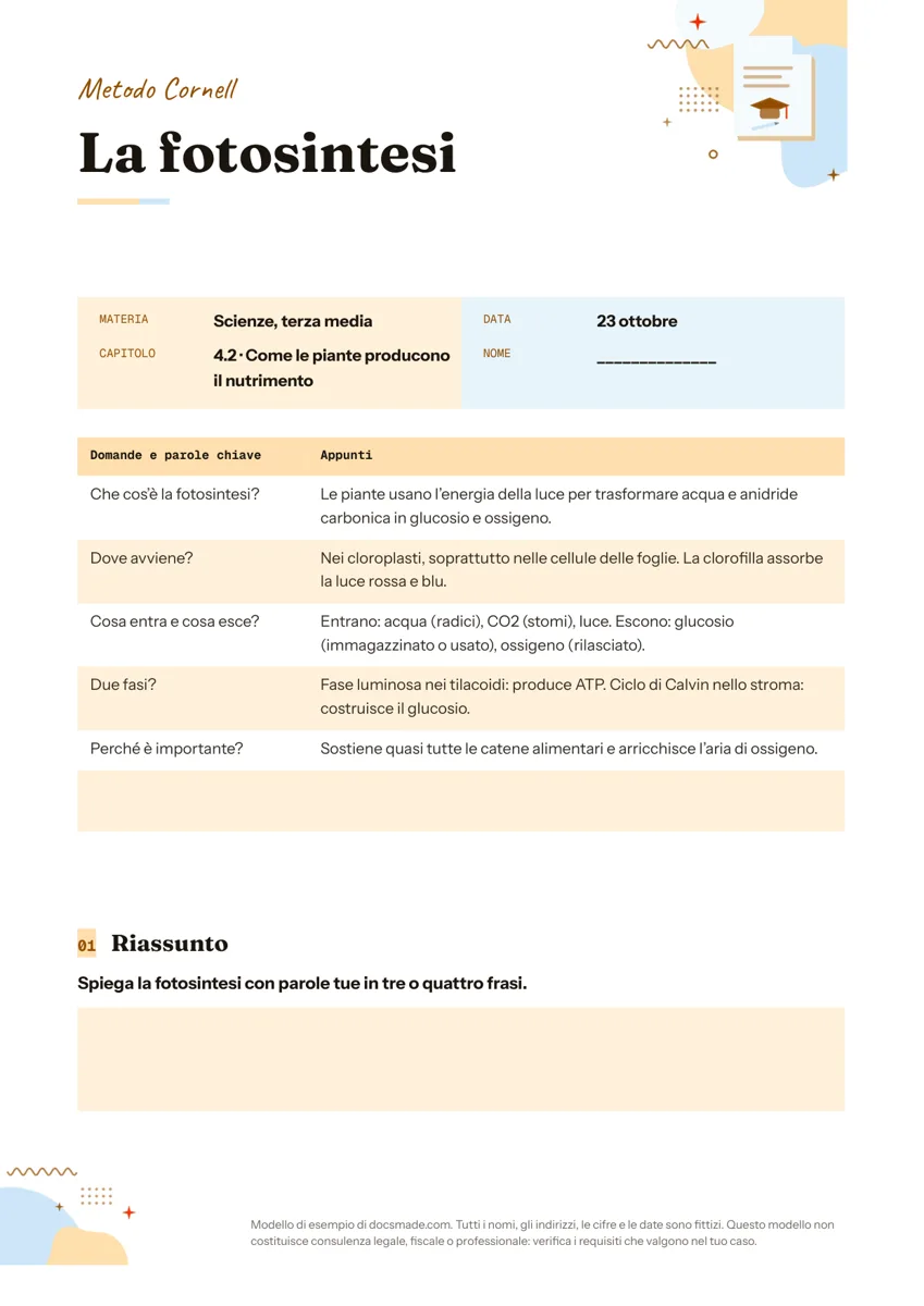 Modello di appunti con il metodo Cornell in Google Docs, esempio sulla fotosintesi