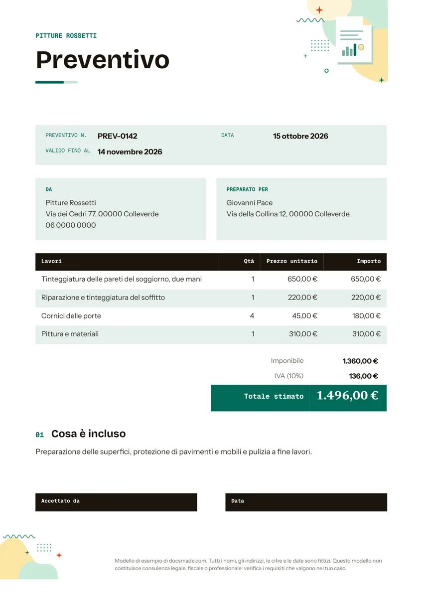 Modello di preventivo in Google Docs, prima pagina