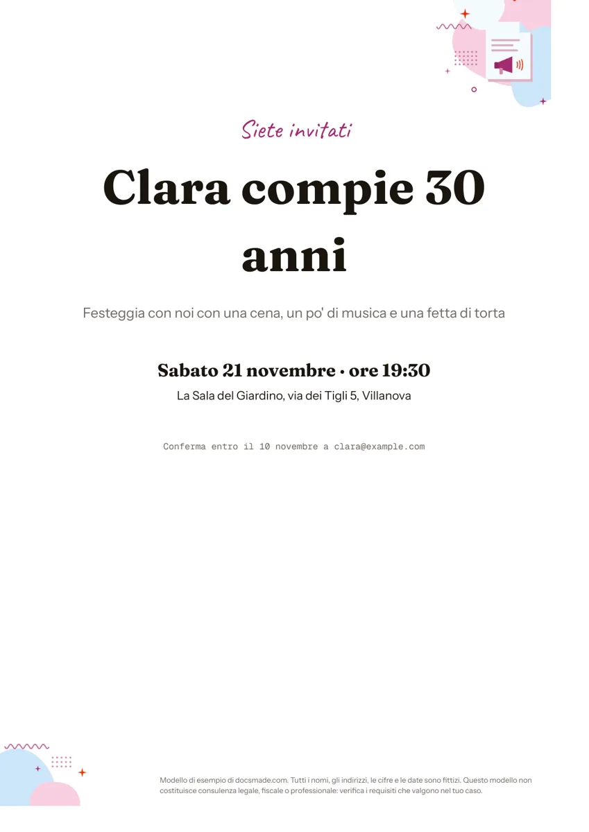Modello di biglietto d'invito in Google Docs, prima pagina