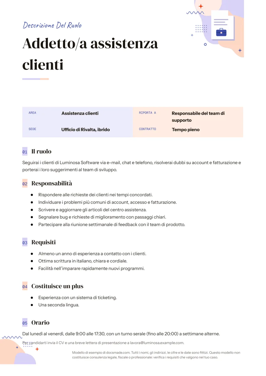 Modello di job description in Google Docs per un addetto all'assistenza clienti