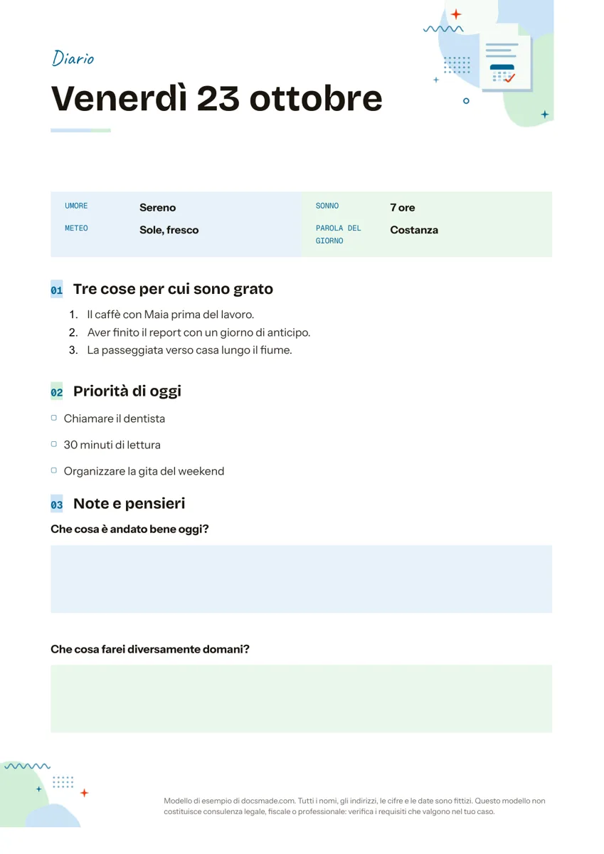 Modello di diario personale in Google Docs, pagina giornaliera con gratitudine e priorità