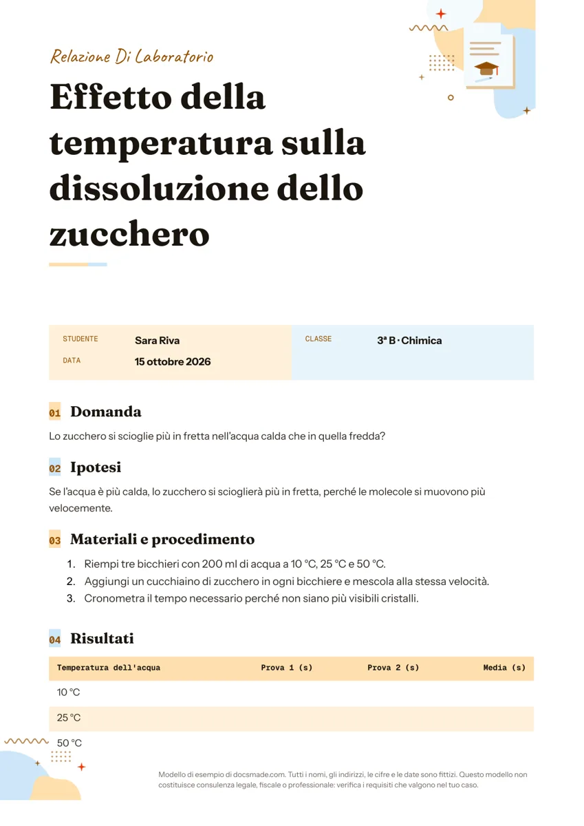 Modello di relazione di laboratorio in Google Docs, prima pagina