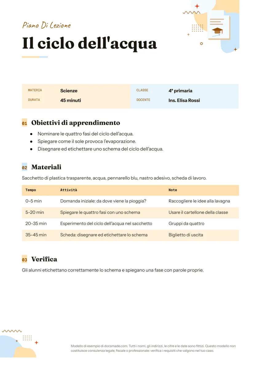 Modello di piano di lezione in Google Docs, prima pagina