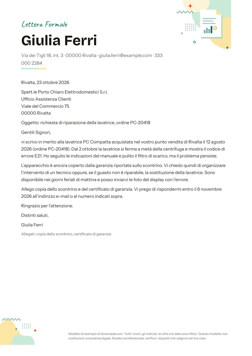 Modello di lettera formale in Google Docs, pagina A4 con esempio di richiesta di riparazione