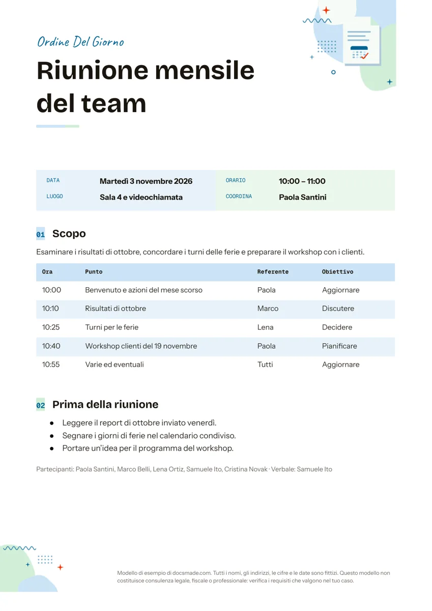 Modello di ordine del giorno della riunione in Google Docs con tabella dei punti