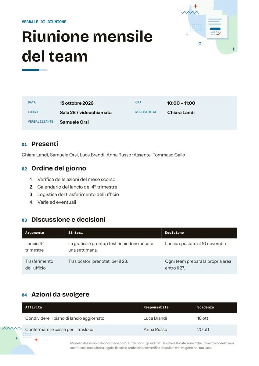 Modello di verbale di riunione in Google Docs, prima pagina