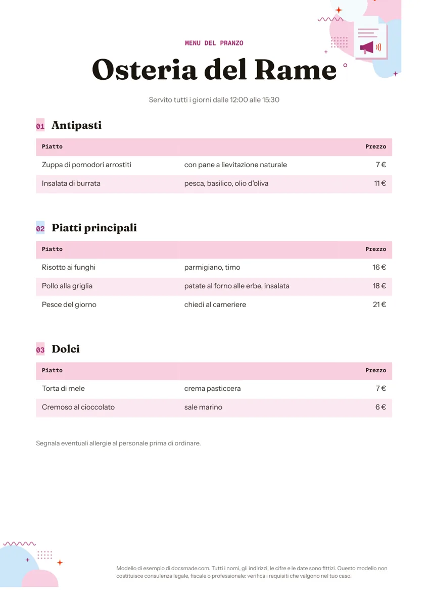 Modello di menu per ristorante in Google Docs, prima pagina