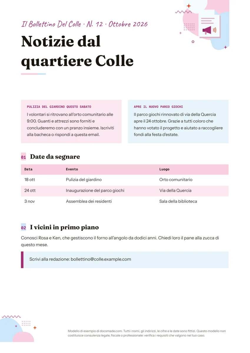 Modello di newsletter in Google Docs, prima pagina
