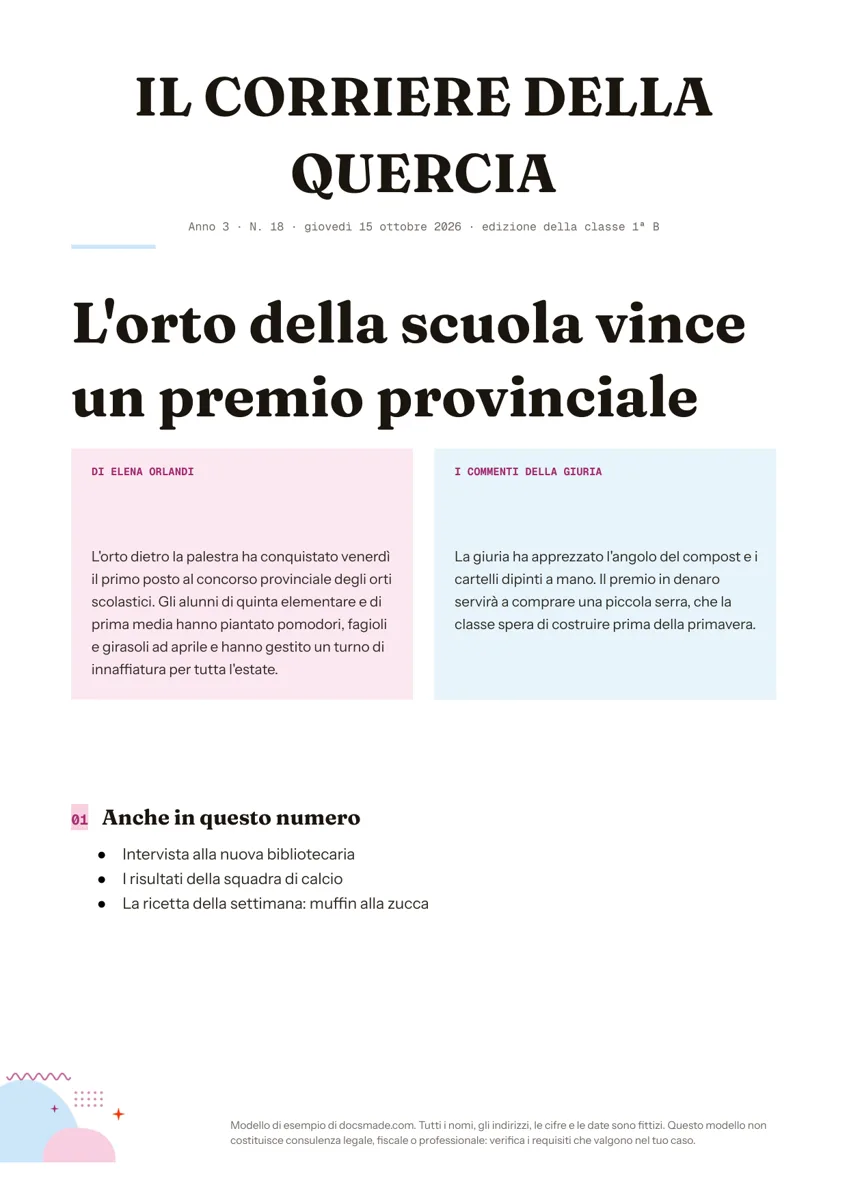 Modello di giornalino scolastico in Google Docs, prima pagina