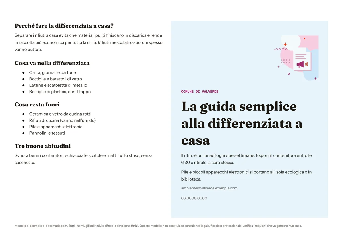 Modello di opuscolo informativo in Google Docs, prima pagina