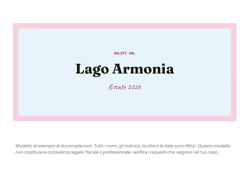 Modello di cartolina da stampare in Google Docs, fronte con cornice e scritta Saluti dal Lago Armonia