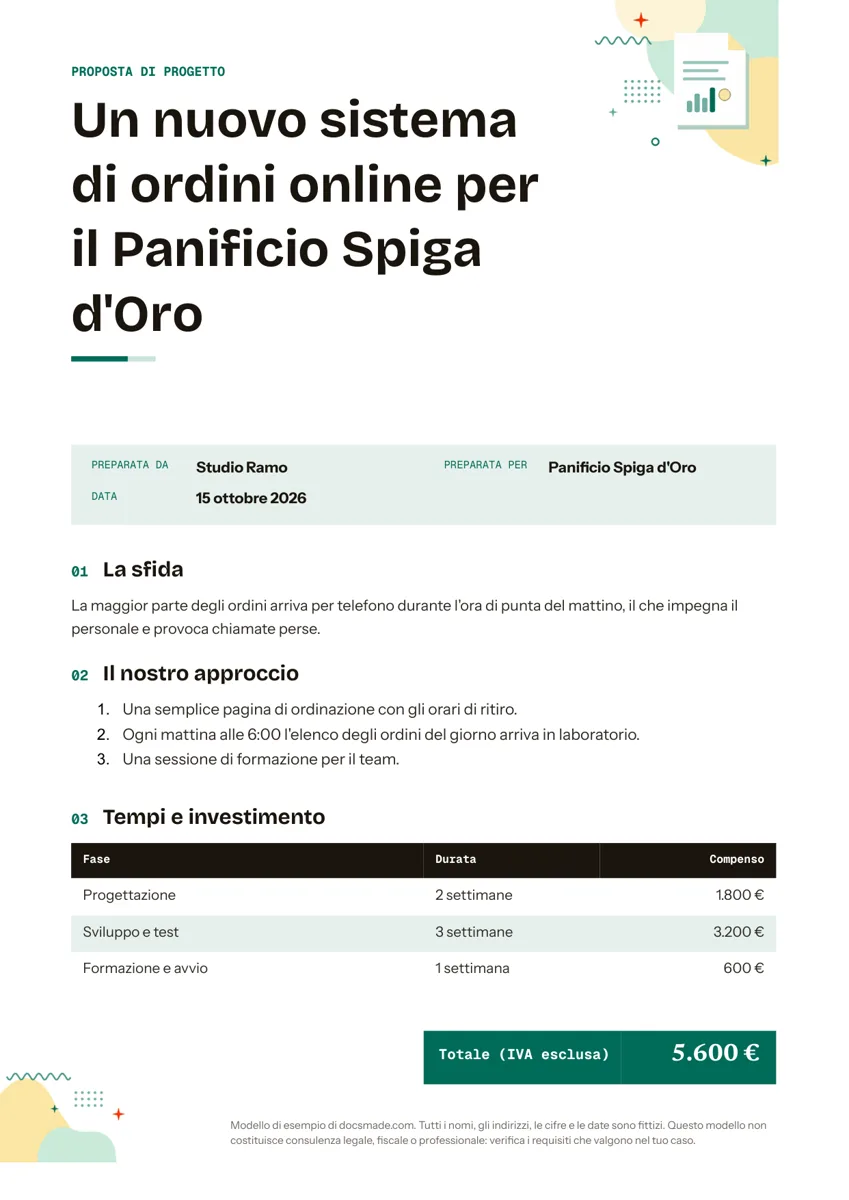 Modello di offerta commerciale in Google Docs, prima pagina
