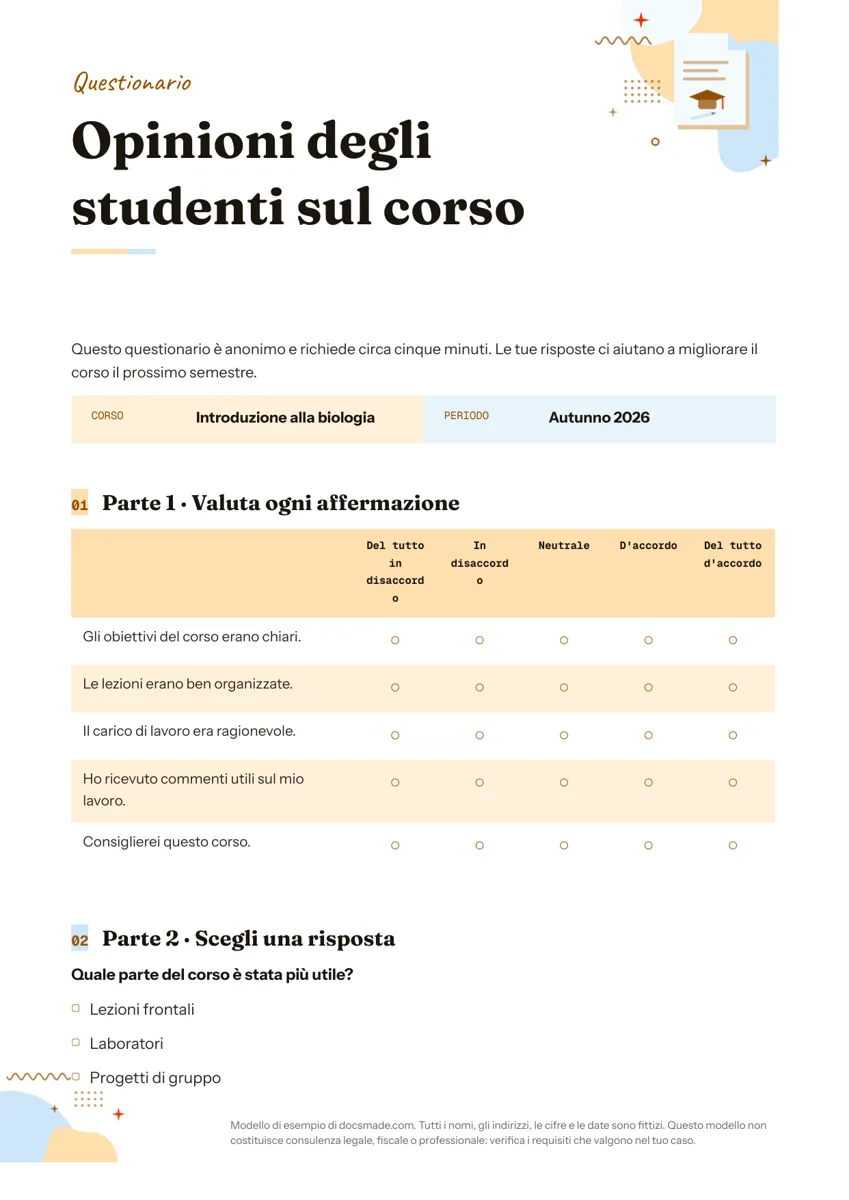 Modello di questionario di gradimento in Google Docs, prima pagina