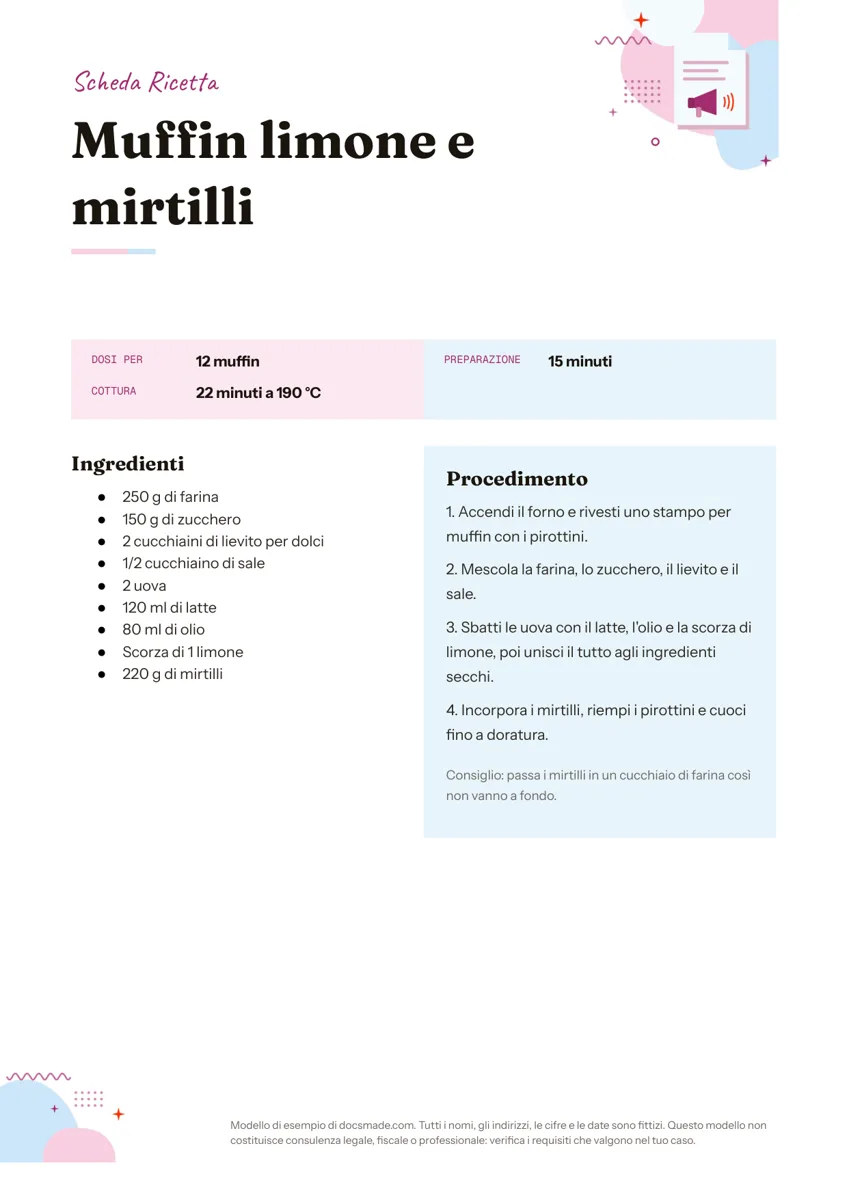 Scheda ricetta in Google Docs, prima pagina