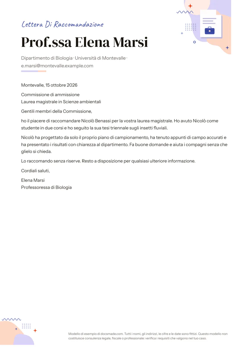 Modello di lettera di referenze in Google Docs, prima pagina