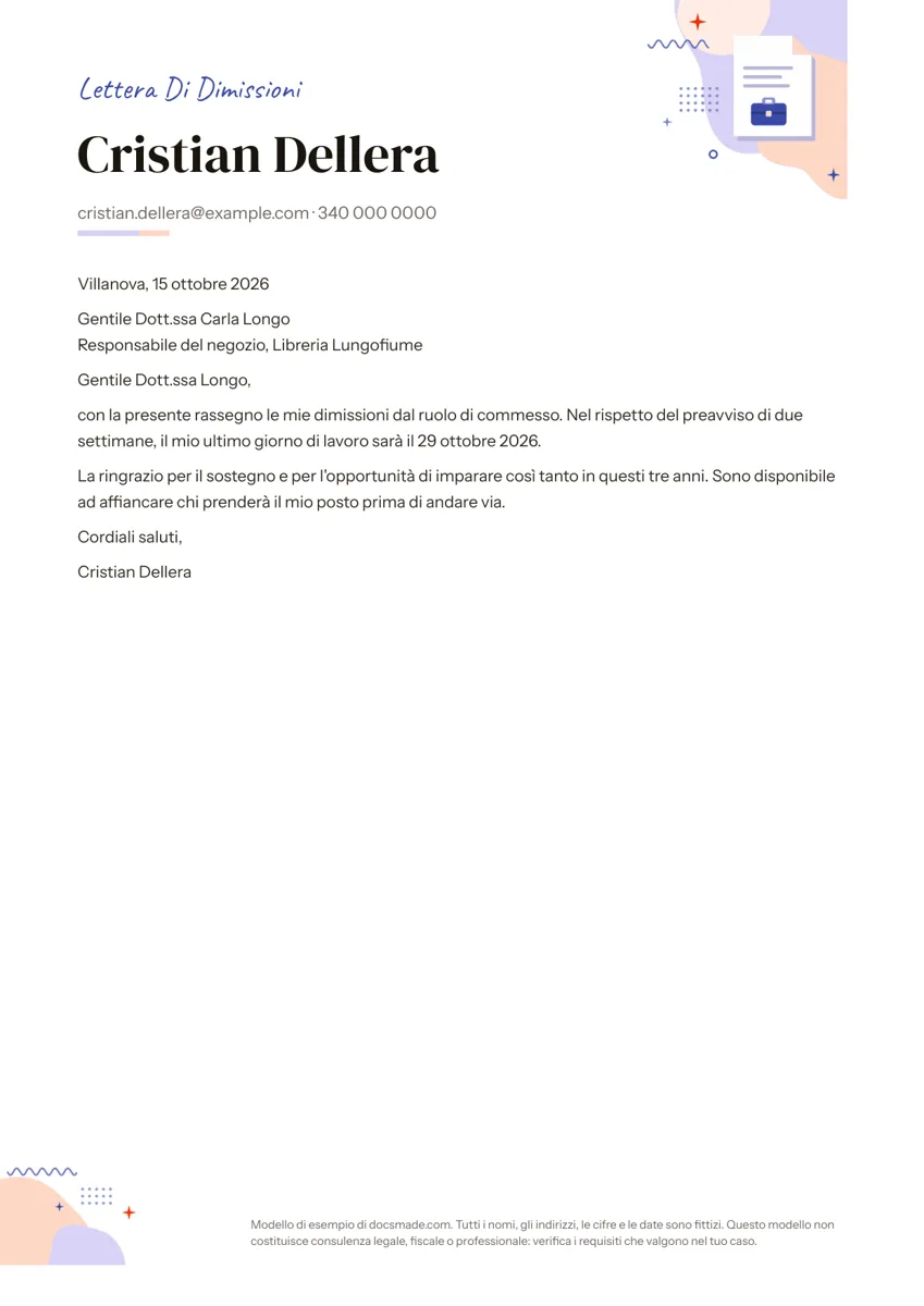 Modello di lettera di dimissioni in Google Docs, prima pagina