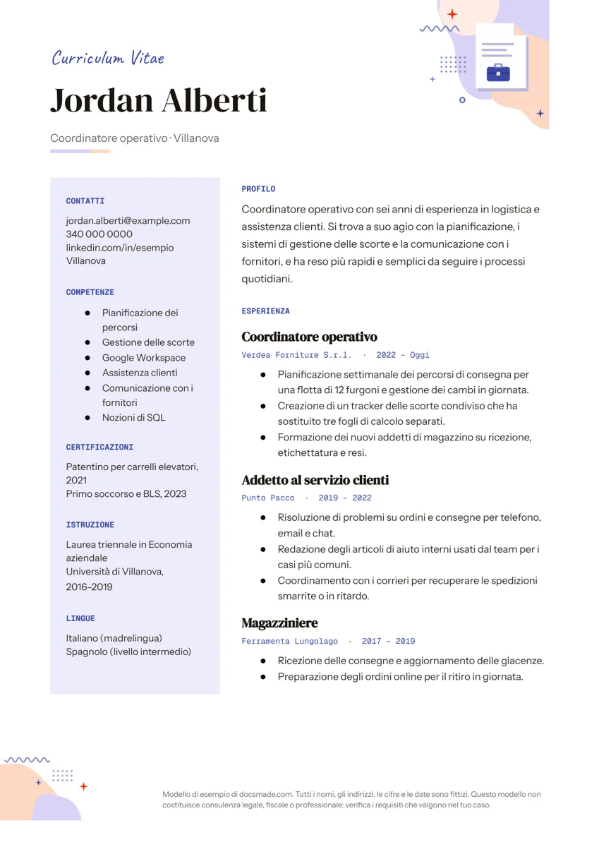 Modello di curriculum vitae in Google Docs, prima pagina