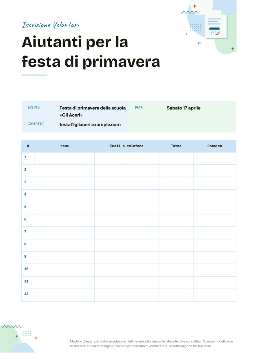 Modello di foglio firme e iscrizioni in Google Docs, prima pagina