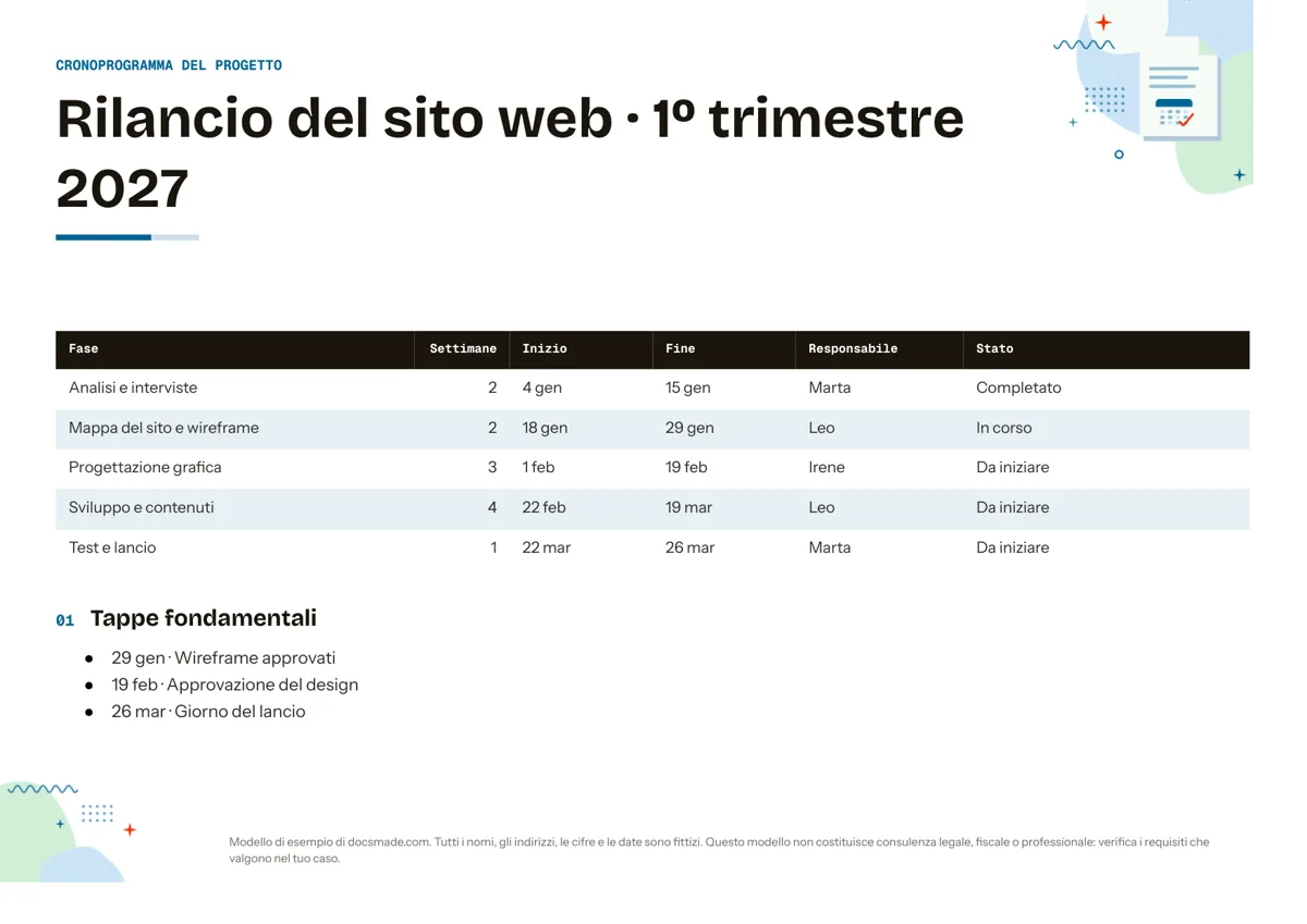 Modello di cronoprogramma in Google Docs, prima pagina