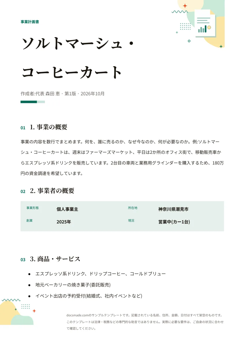 Googleドキュメントの事業計画書テンプレート、1ページ目