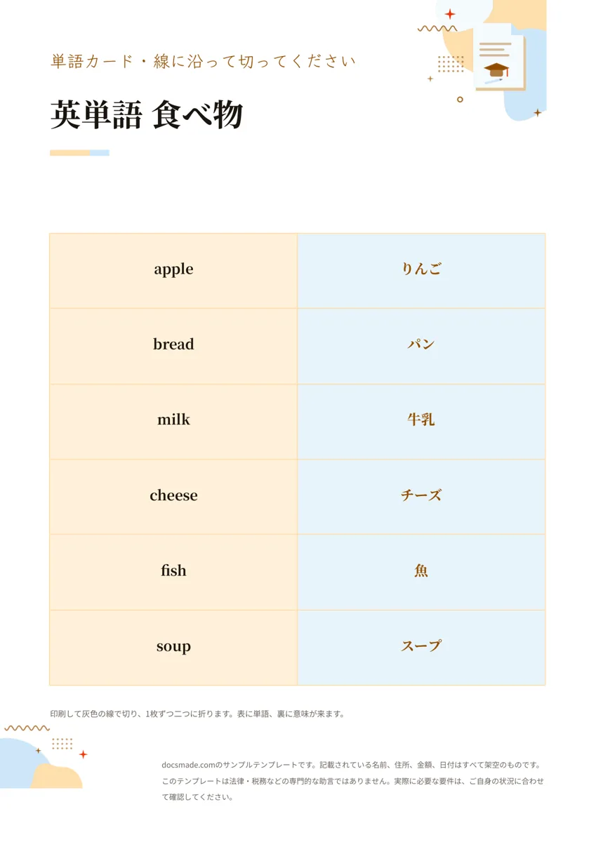 Googleドキュメントのフラッシュカード テンプレート、1ページ目
