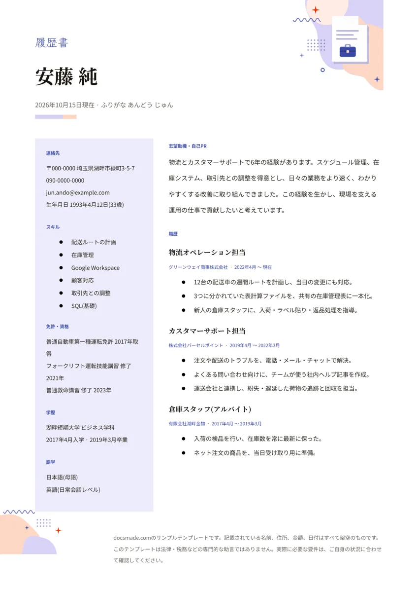 Googleドキュメントの履歴書テンプレート、1ページ目