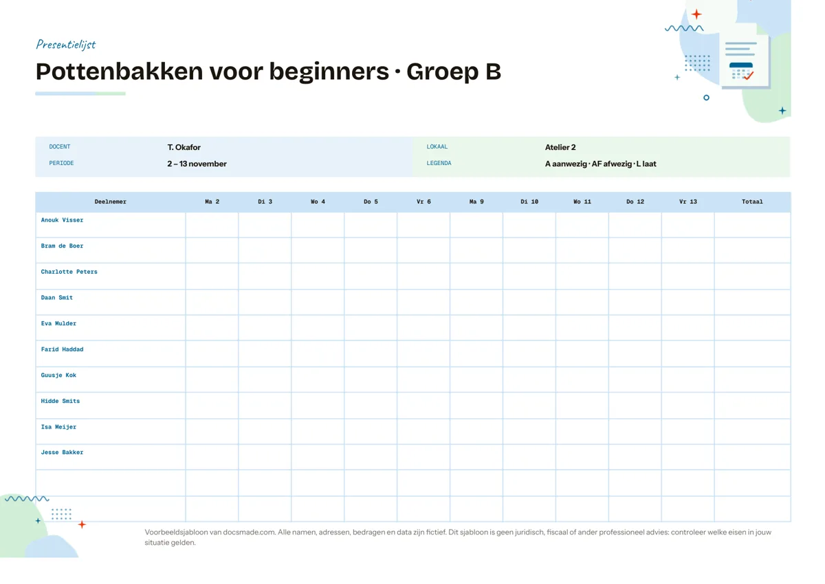 Presentielijst template in Google Docs: liggend A4-raster met deelnemers, tien datums en een totaalkolom