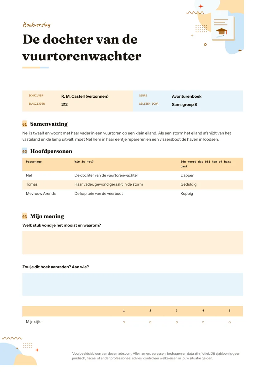 Boekverslag template in Google Docs met gegevens van het boek, samenvatting, tabel met hoofdpersonen en een cijfer