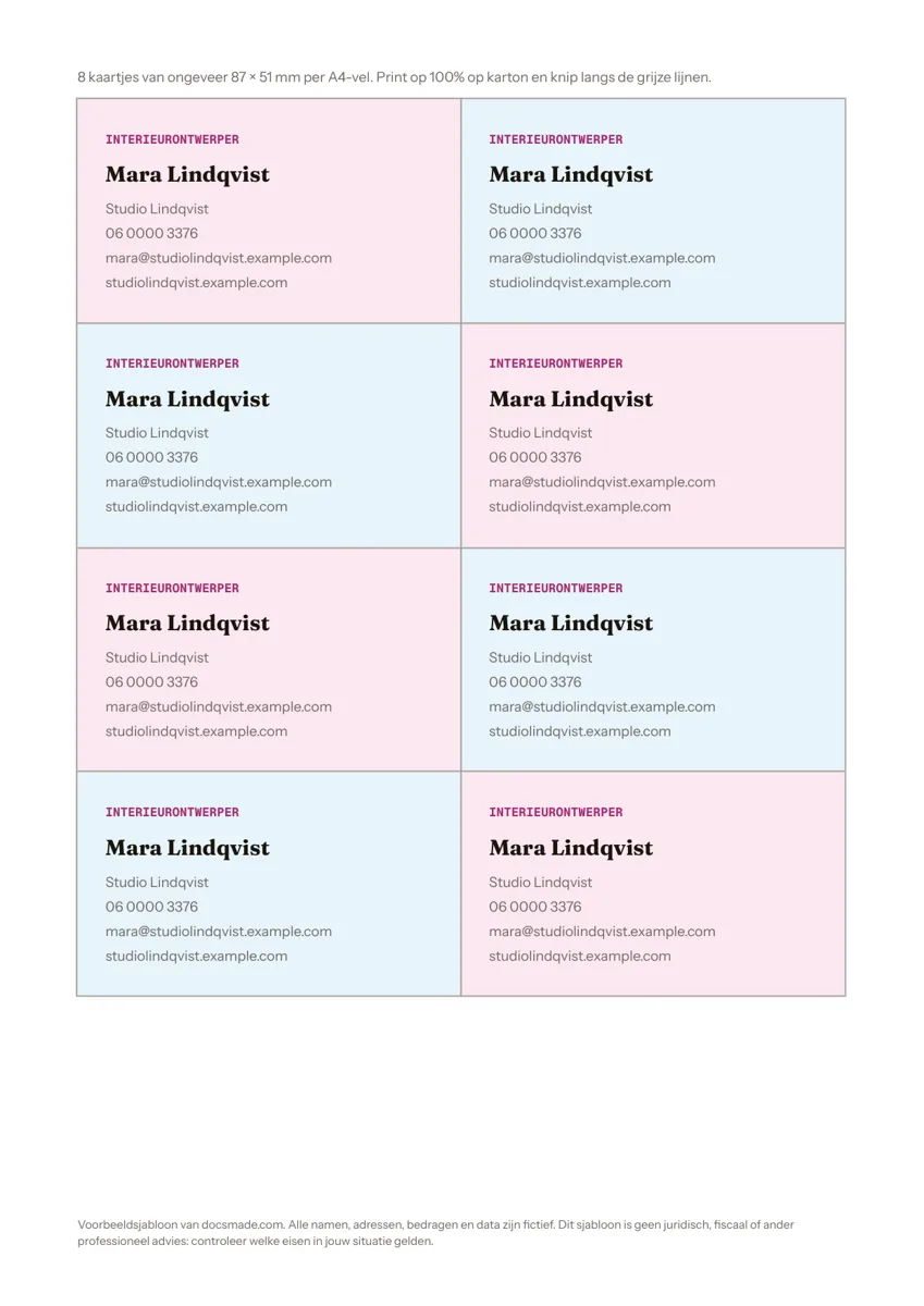 Voorbeeld visitekaartje in Google Docs: acht kaartjes van een interieurontwerper op een A4-vel met snijlijnen