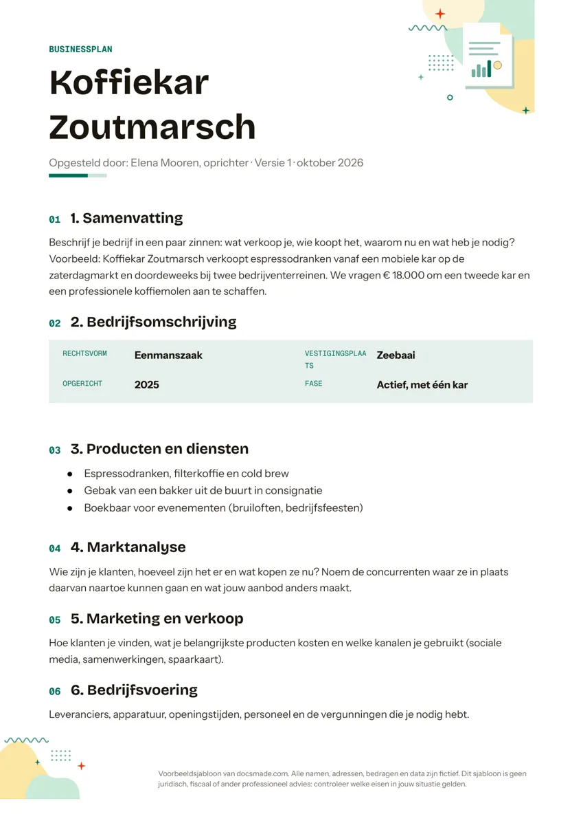 Ondernemingsplan template in Google Docs, eerste pagina