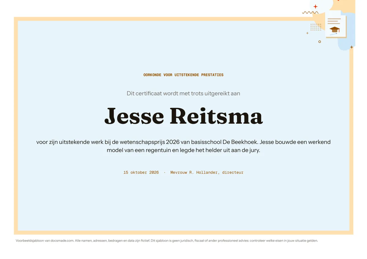 Certificaat template in Google Docs, eerste pagina