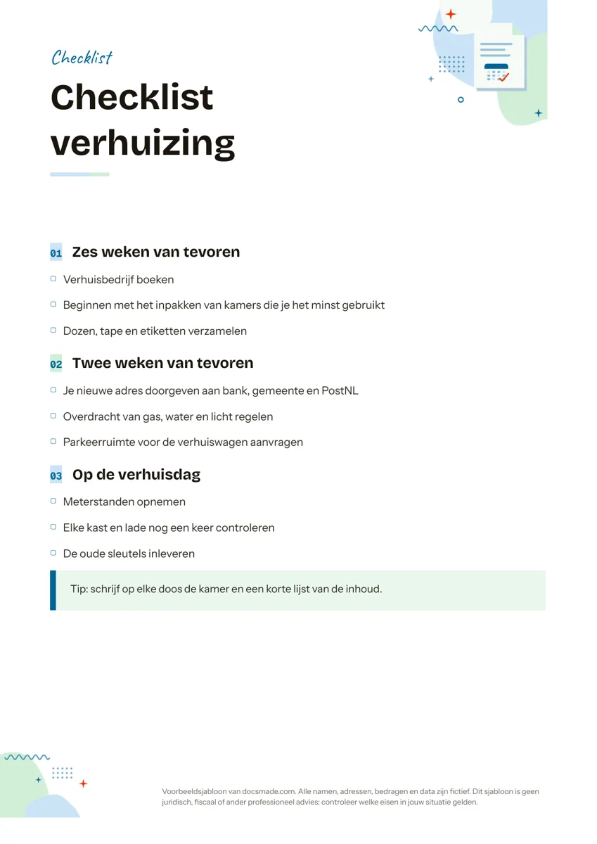 Checklist template in Google Docs, eerste pagina
