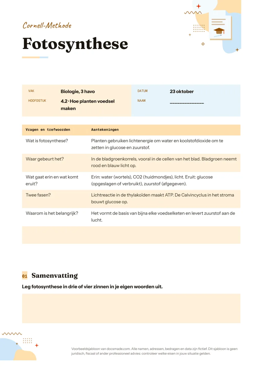 Cornell methode template in Google Docs met kolommen voor vragen en aantekeningen en een samenvattingsvak