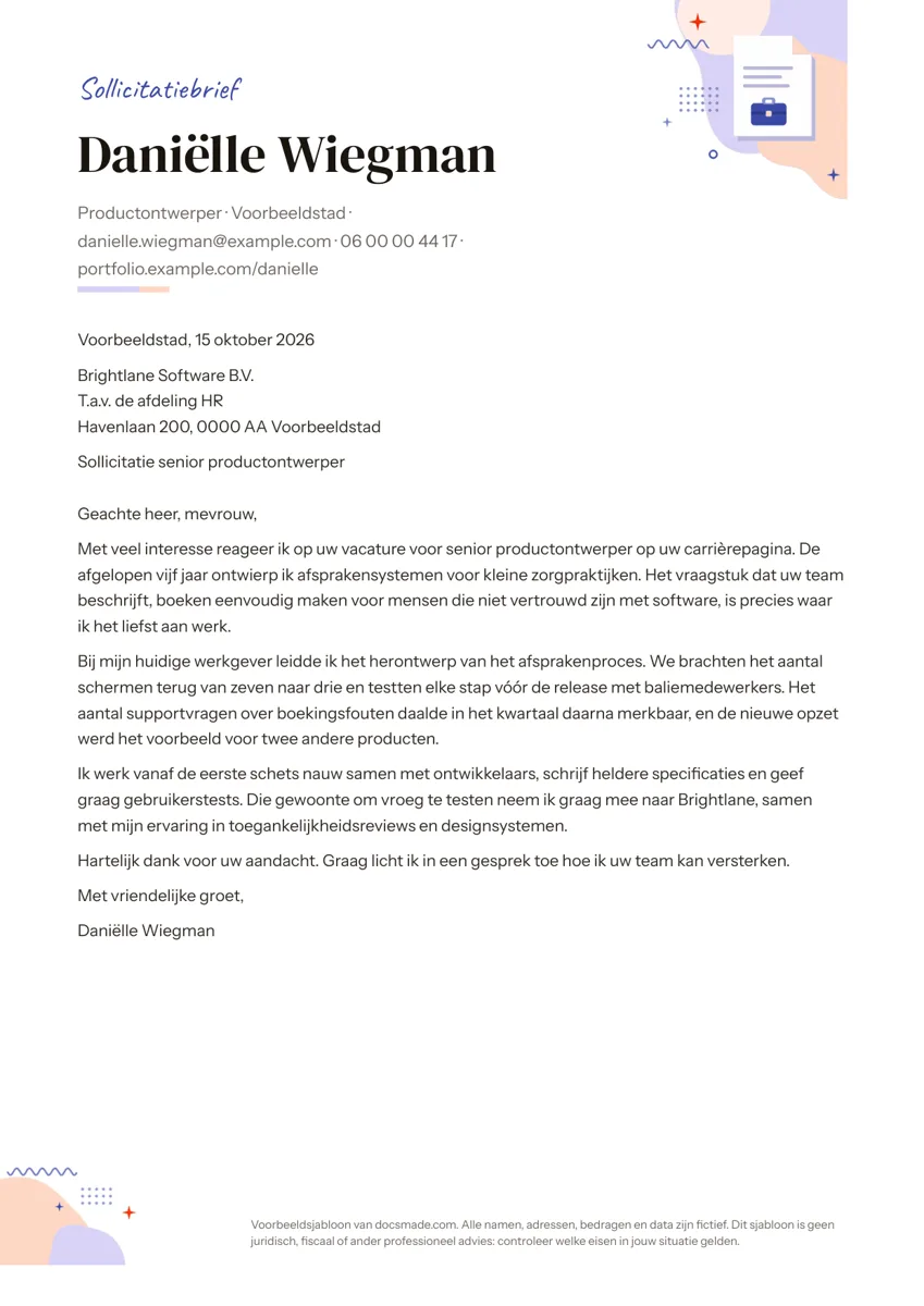 Sollicitatiebrief template in Google Docs, eerste pagina