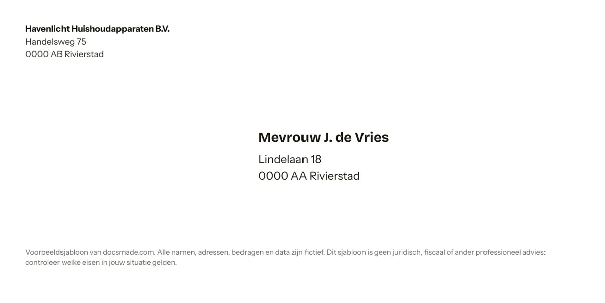 Envelop template in Google Docs op DL-formaat met afzender linksboven en het adres van de ontvanger