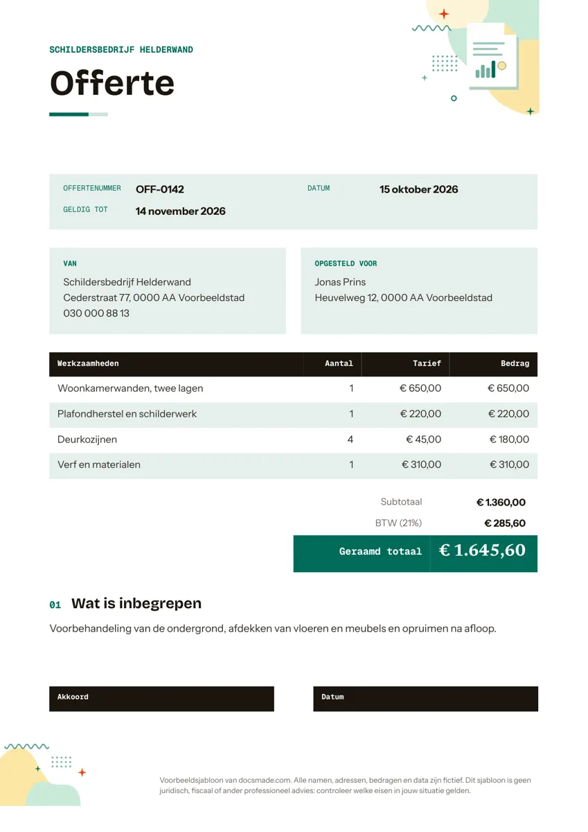 Offerte template in Google Docs, eerste pagina