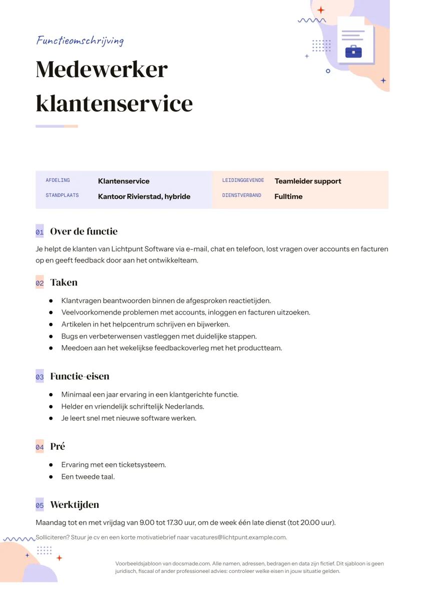 Functieomschrijving voorbeeld in Google Docs voor een medewerker klantenservice met taken, functie-eisen en werktijden