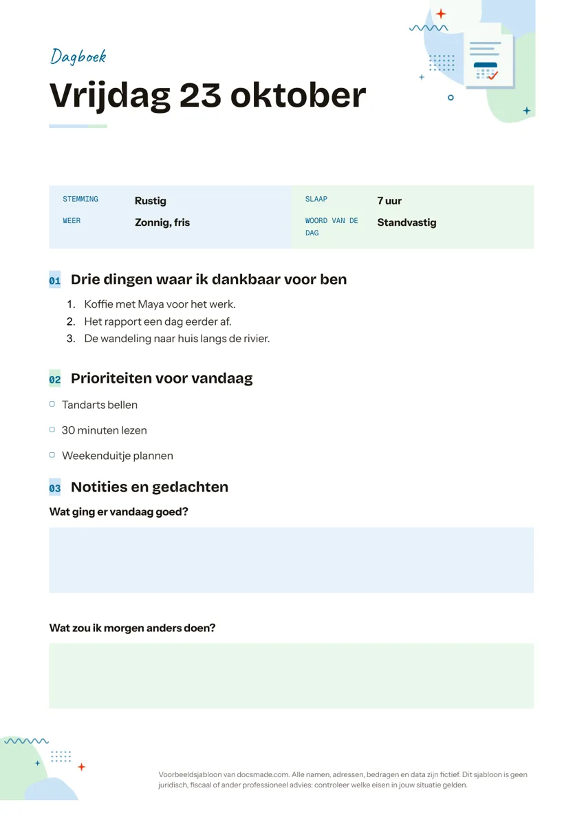 Dagboek template in Google Docs met stemming, slaap, dankbaarheidslijst, prioriteiten en vragen voor de dag
