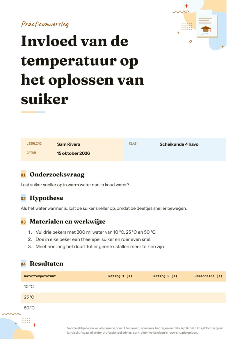 Practicumverslag template in Google Docs, eerste pagina