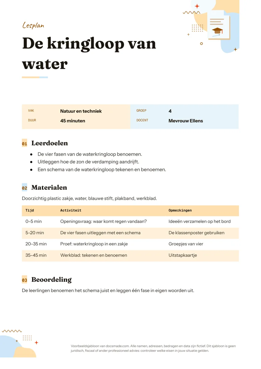 Lesplan template in Google Docs met leerdoelen en lesverloop
