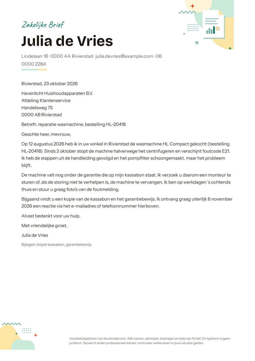 Zakelijke brief voorbeeld in Google Docs met afzender, adres van het bedrijf, Betreft-regel en Met vriendelijke groet op A4