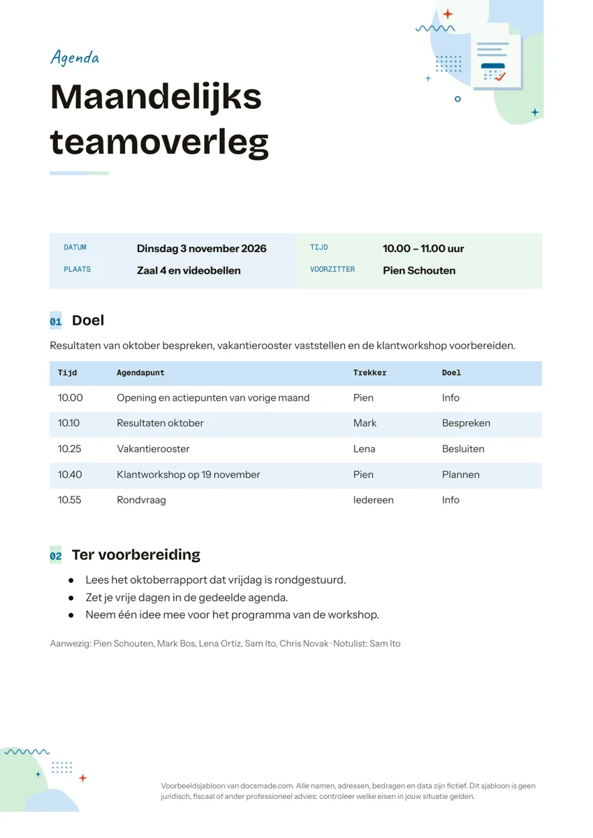 Agenda vergadering template in Google Docs met doel, tabel met tijd, agendapunt, trekker en doel, en voorbereiding
