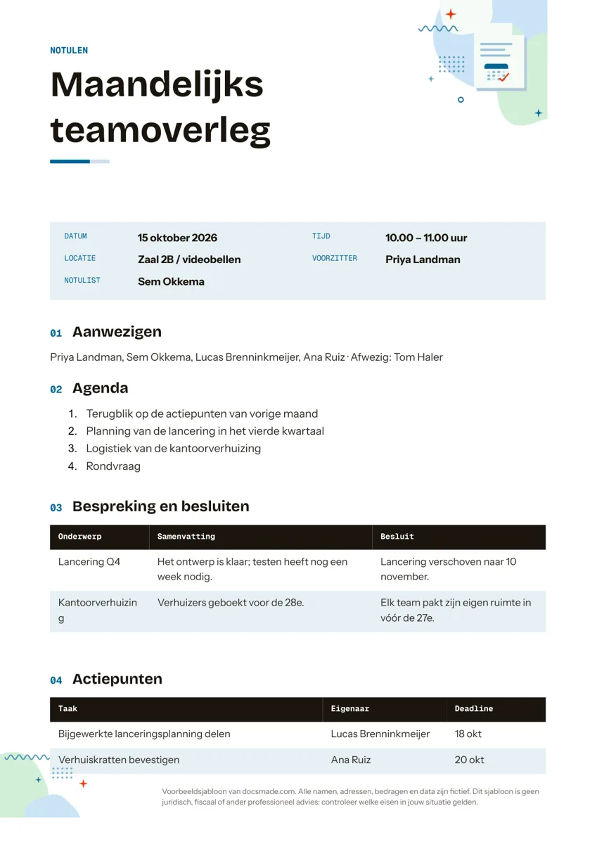 Notulen template in Google Docs met agenda, besluiten en actiepunten