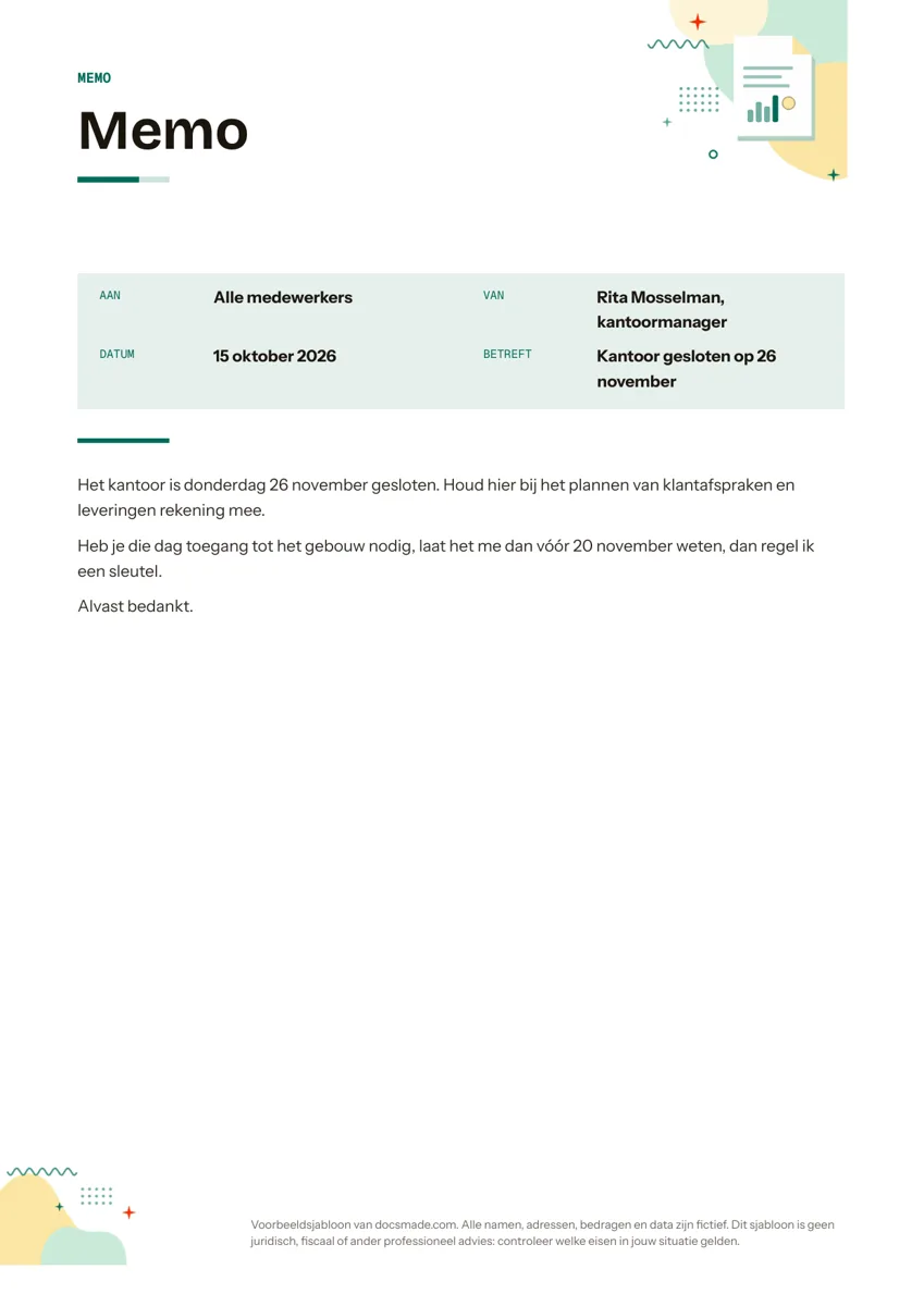 Memo template in Google Docs met Aan, Van, Datum en Betreft