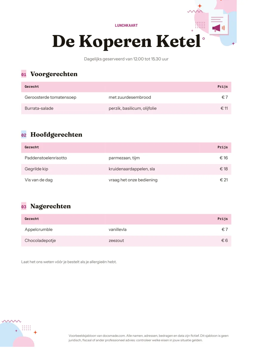 Menukaart template in Google Docs met gerechten en prijzen