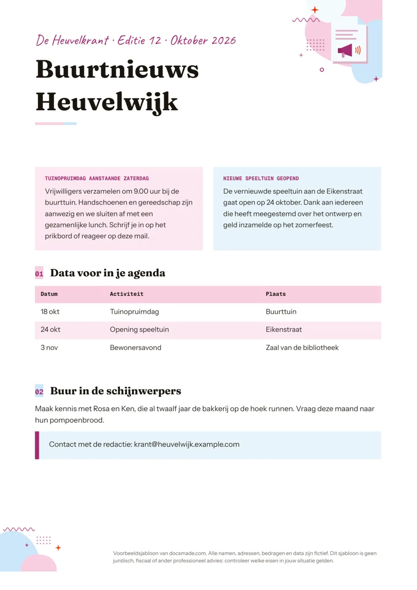 Nieuwsbrief template in Google Docs met twee kolommen en agenda